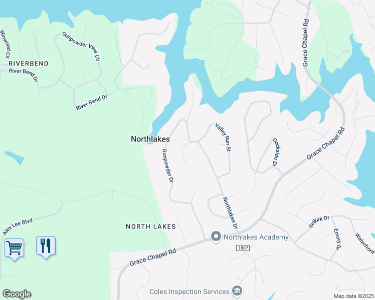 map of restaurants, bars, coffee shops, grocery stores, and more near 5389 Valley Run Street in Hickory