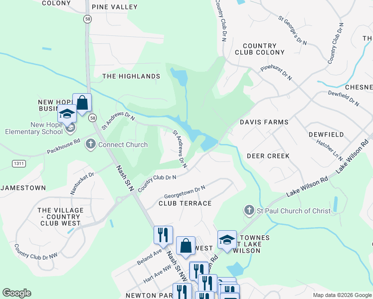 map of restaurants, bars, coffee shops, grocery stores, and more near 4500 Saint Andrews Drive North in Wilson