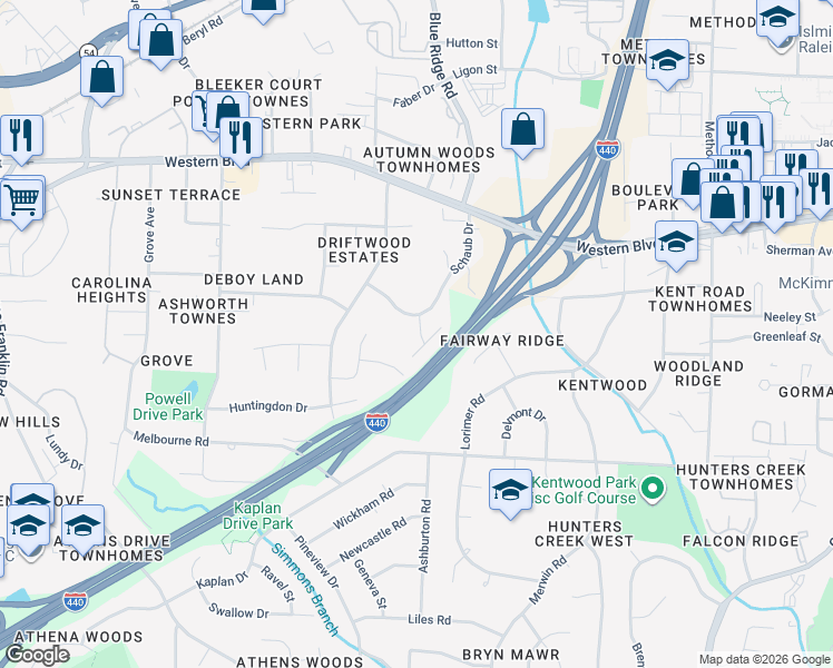 map of restaurants, bars, coffee shops, grocery stores, and more near 1207 Teakwood Place in Raleigh