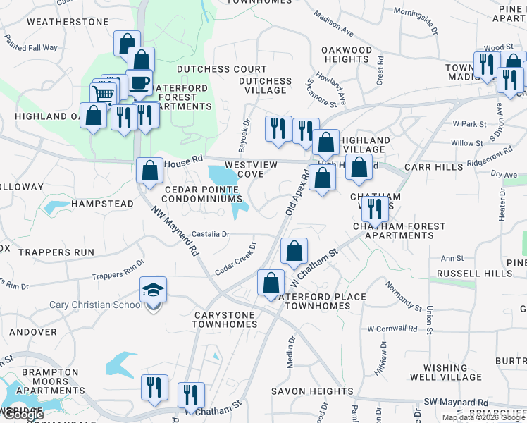 map of restaurants, bars, coffee shops, grocery stores, and more near 127 Gold Meadow Drive in Cary