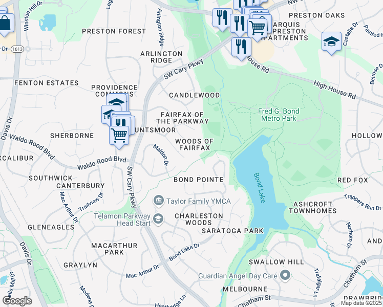 map of restaurants, bars, coffee shops, grocery stores, and more near 106 Ranchero Court in Cary