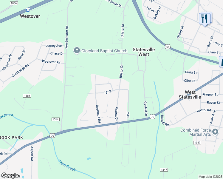 map of restaurants, bars, coffee shops, grocery stores, and more near 2803 Glenview Drive in Statesville