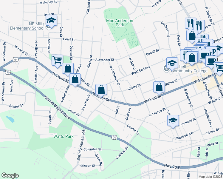 map of restaurants, bars, coffee shops, grocery stores, and more near 930 Cherry Street in Statesville