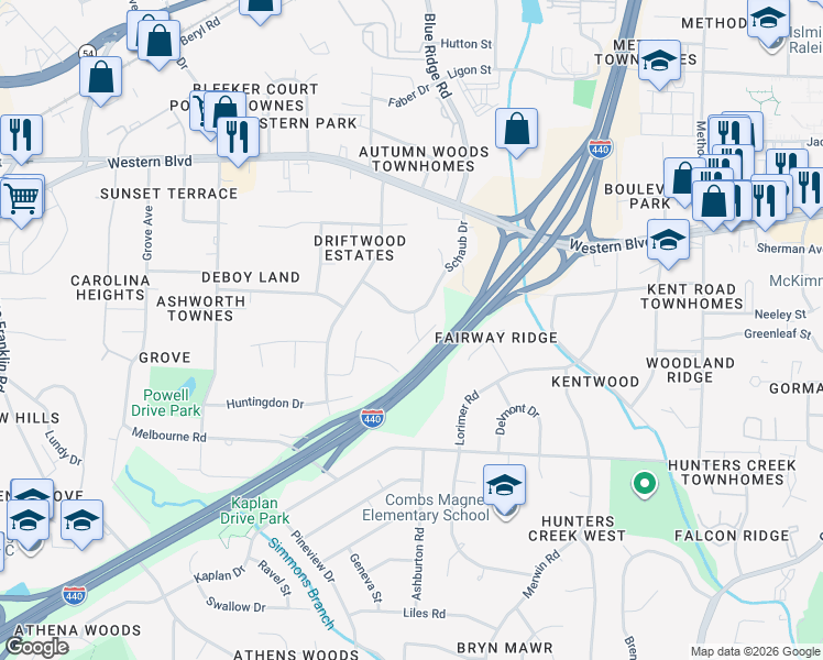 map of restaurants, bars, coffee shops, grocery stores, and more near 1207 Teakwood Place in Raleigh