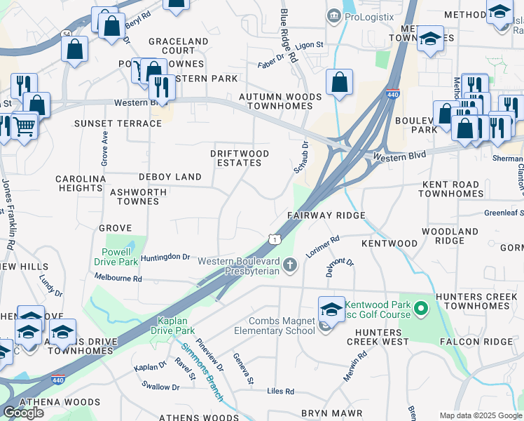 map of restaurants, bars, coffee shops, grocery stores, and more near 1261 Schaub Drive in Raleigh