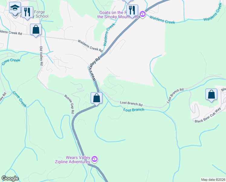 map of restaurants, bars, coffee shops, grocery stores, and more near 1529 Trappers Ridge Lane in Sevierville