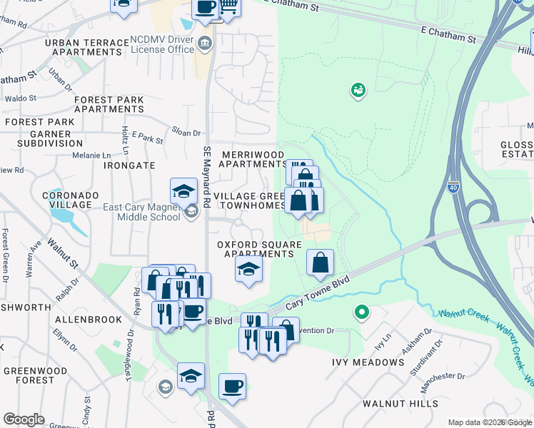 map of restaurants, bars, coffee shops, grocery stores, and more near 928 Hampshire Court in Cary