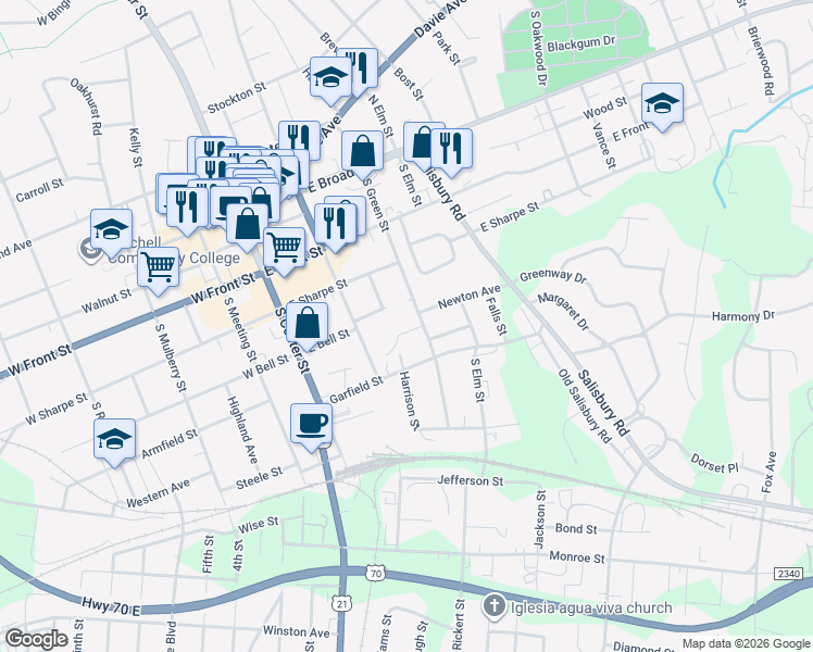 map of restaurants, bars, coffee shops, grocery stores, and more near 506 Broadway Court in Statesville
