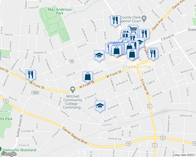 map of restaurants, bars, coffee shops, grocery stores, and more near 444 West Front Street in Statesville