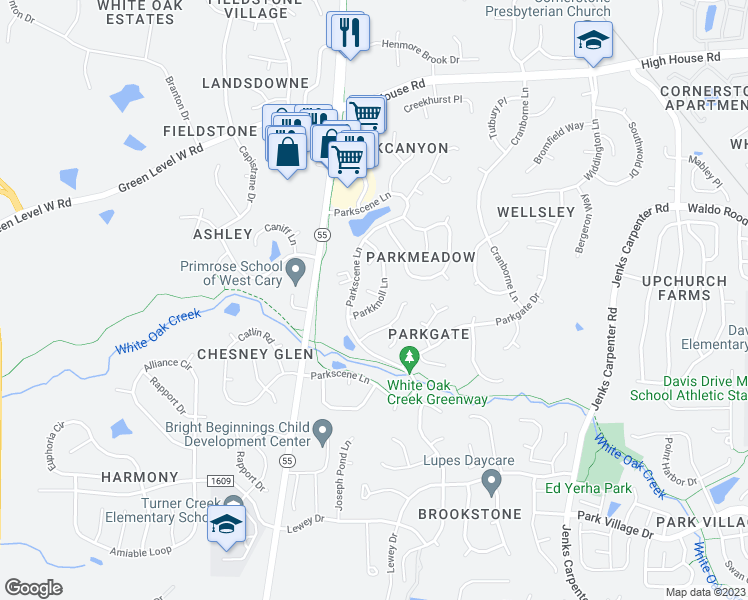 map of restaurants, bars, coffee shops, grocery stores, and more near 300 Parkknoll Lane in Cary
