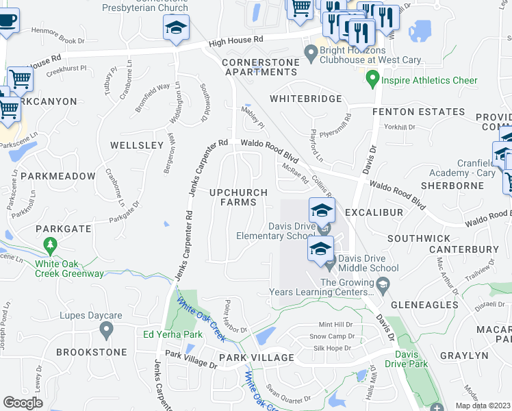 map of restaurants, bars, coffee shops, grocery stores, and more near 255 Joshua Glen Lane in Cary