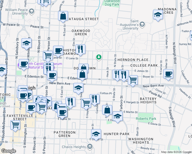 map of restaurants, bars, coffee shops, grocery stores, and more near 102 Seawell Avenue in Raleigh