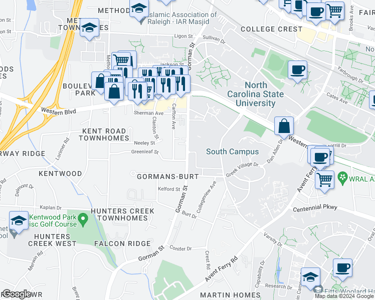map of restaurants, bars, coffee shops, grocery stores, and more near 1224 Gorman St in Raleigh
