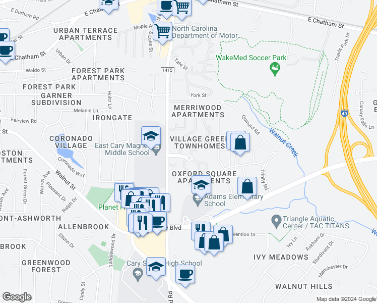 map of restaurants, bars, coffee shops, grocery stores, and more near 1002 Randolph Court in Cary