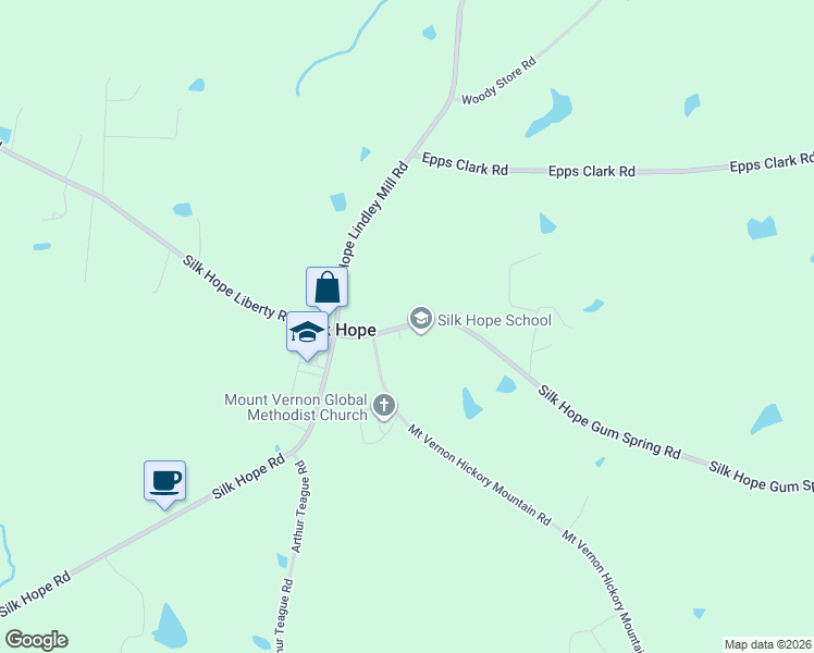 map of restaurants, bars, coffee shops, grocery stores, and more near 7945 Silk Hope Road in Siler City