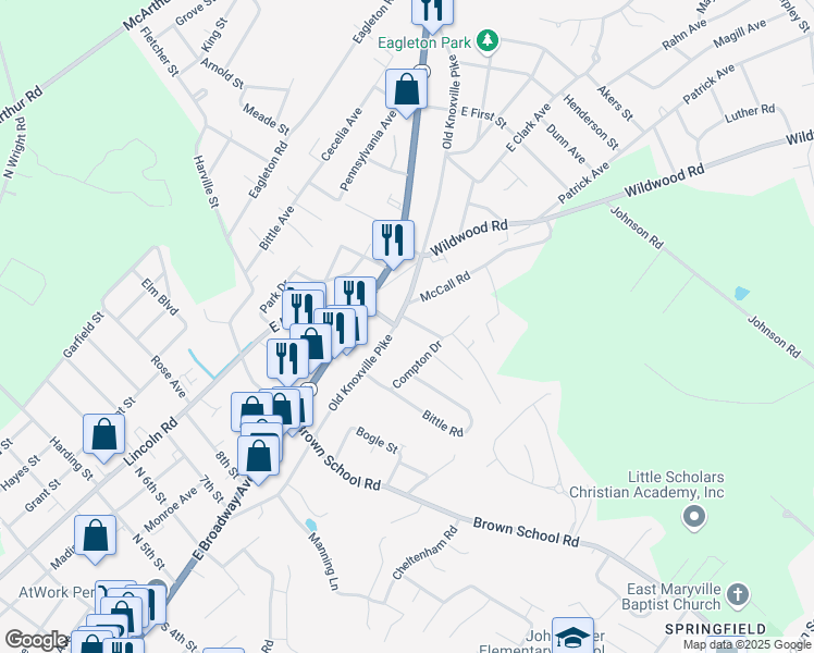 map of restaurants, bars, coffee shops, grocery stores, and more near 2130 Old Knoxville Pike in Maryville
