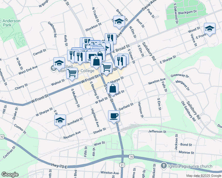 map of restaurants, bars, coffee shops, grocery stores, and more near 421 South Center Street in Statesville