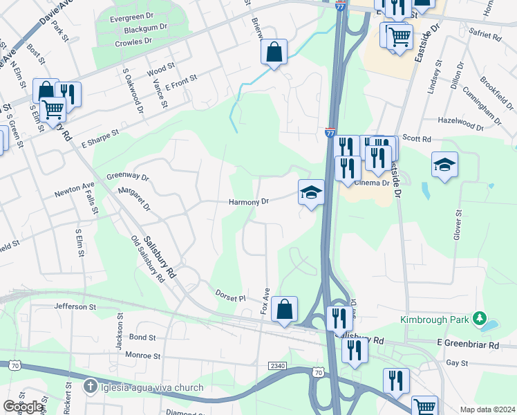 map of restaurants, bars, coffee shops, grocery stores, and more near 1002 Harmony Drive in Statesville