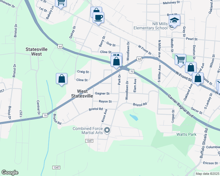 map of restaurants, bars, coffee shops, grocery stores, and more near 516 Hawthorne Drive in Statesville