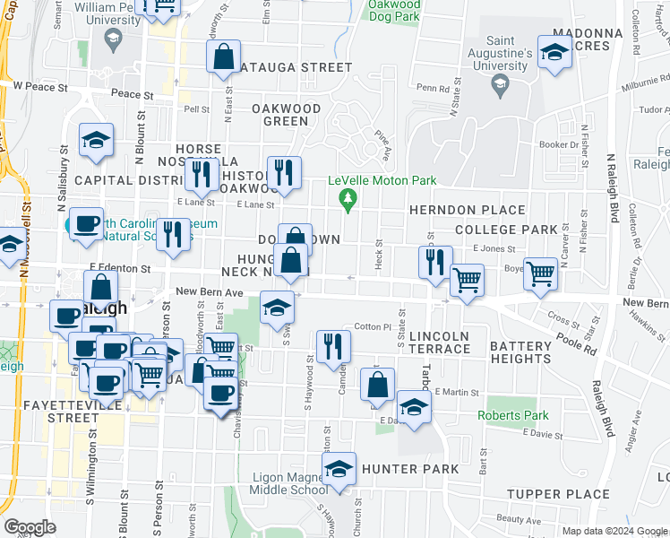 map of restaurants, bars, coffee shops, grocery stores, and more near 102 Seawell Avenue in Raleigh