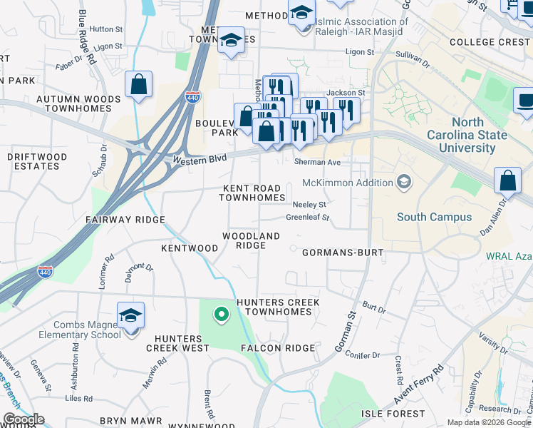 map of restaurants, bars, coffee shops, grocery stores, and more near 4028 Greenleaf Street in Raleigh