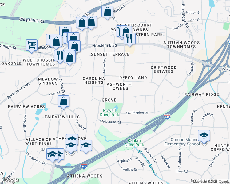 map of restaurants, bars, coffee shops, grocery stores, and more near 720 Powell Drive in Raleigh