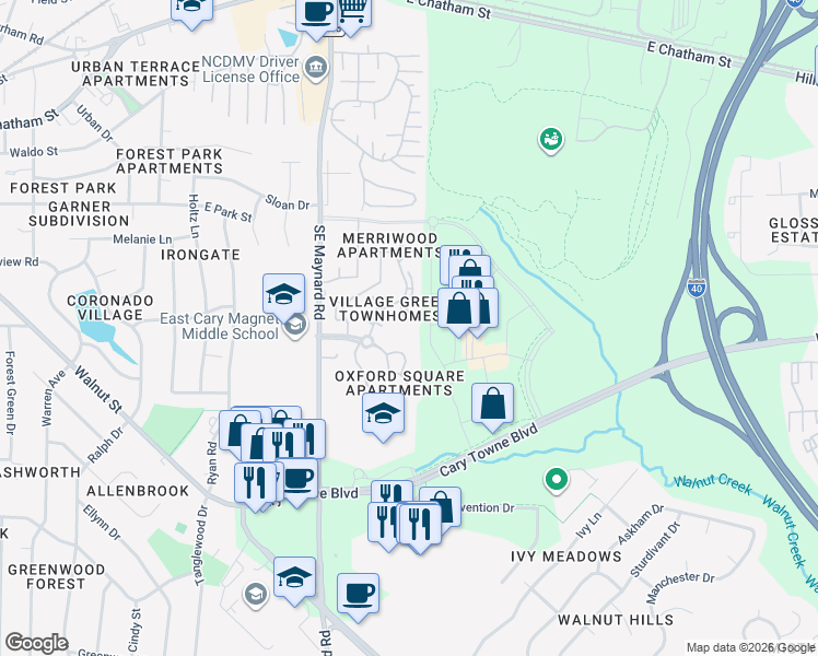 map of restaurants, bars, coffee shops, grocery stores, and more near 928 Hampshire Court in Cary
