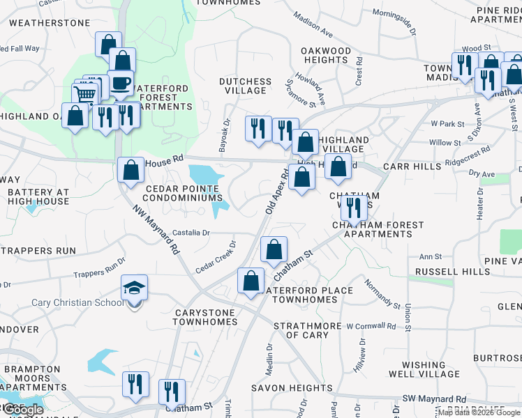 map of restaurants, bars, coffee shops, grocery stores, and more near 138 Gold Meadow Drive in Cary