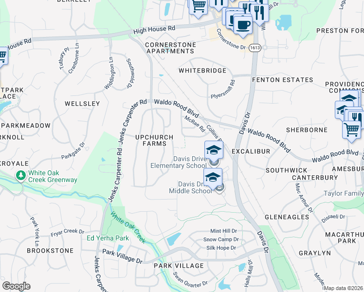 map of restaurants, bars, coffee shops, grocery stores, and more near 409 Tresa Brook Court in Cary