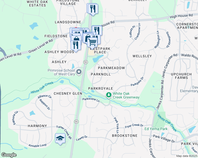 map of restaurants, bars, coffee shops, grocery stores, and more near 300 Parkknoll Lane in Cary