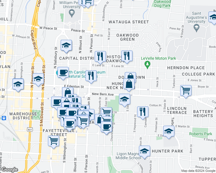 map of restaurants, bars, coffee shops, grocery stores, and more near 102 North East Street in Raleigh