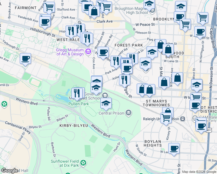 map of restaurants, bars, coffee shops, grocery stores, and more near 211 Ashe Avenue in Raleigh