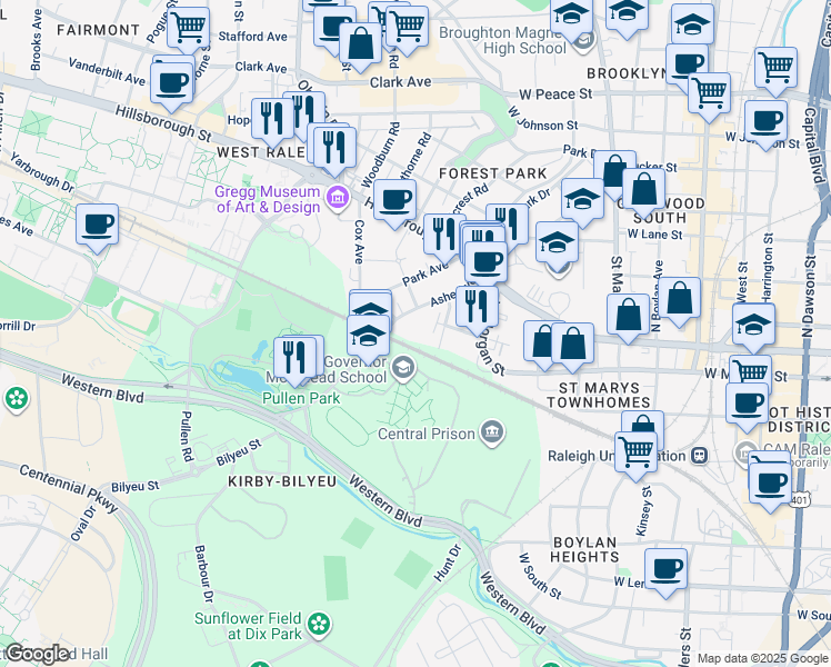 map of restaurants, bars, coffee shops, grocery stores, and more near 211 Ashe Avenue in Raleigh