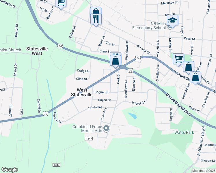 map of restaurants, bars, coffee shops, grocery stores, and more near 516 Hawthorne Drive in Statesville