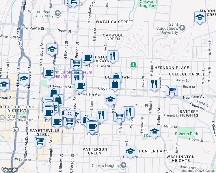 map of restaurants, bars, coffee shops, grocery stores, and more near 555 East Edenton Street in Raleigh