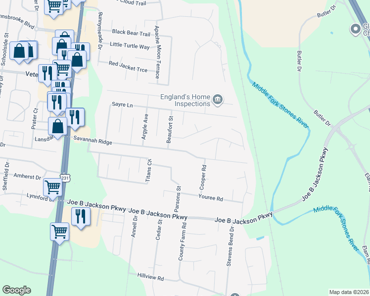 map of restaurants, bars, coffee shops, grocery stores, and more near 421 Savannah Ridge in Murfreesboro