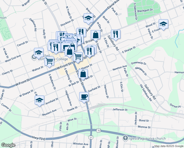 map of restaurants, bars, coffee shops, grocery stores, and more near 432 South Tradd Street in Statesville