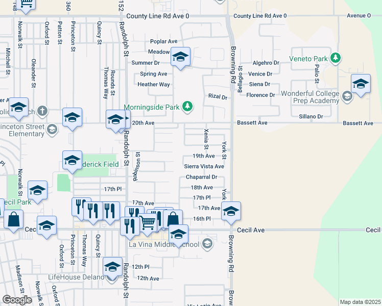 map of restaurants, bars, coffee shops, grocery stores, and more near 2133 19th Avenue in Delano
