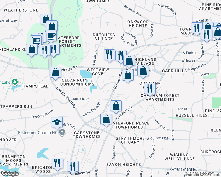 map of restaurants, bars, coffee shops, grocery stores, and more near 138 Gold Meadow Drive in Cary