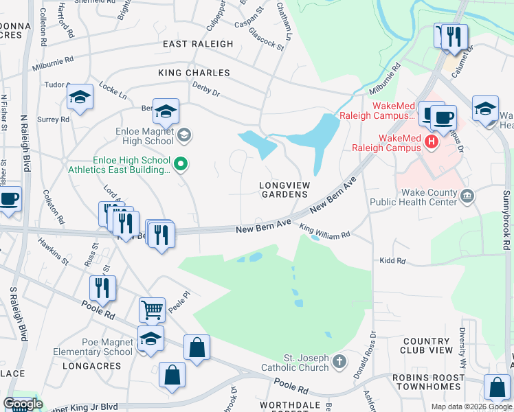 map of restaurants, bars, coffee shops, grocery stores, and more near 100 Stonelake Court in Raleigh