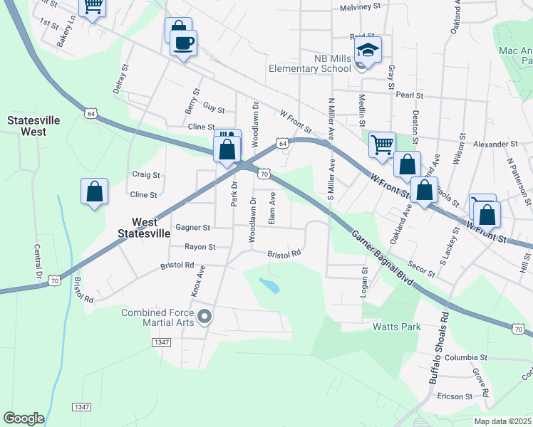 map of restaurants, bars, coffee shops, grocery stores, and more near 539 Woodlawn Drive in Statesville