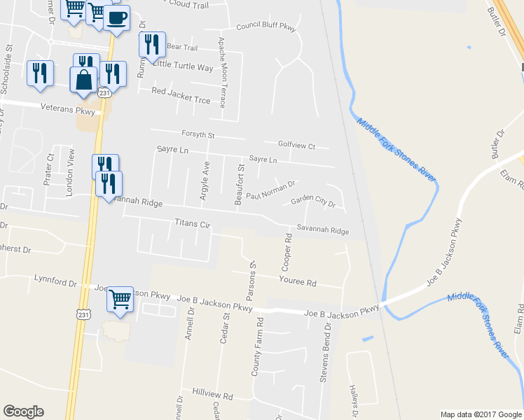 map of restaurants, bars, coffee shops, grocery stores, and more near 421 Savannah Ridge in Murfreesboro