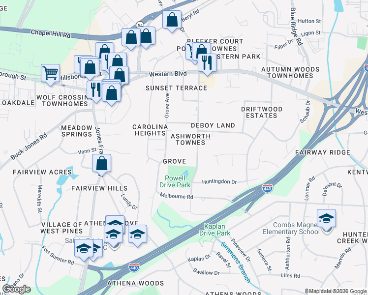map of restaurants, bars, coffee shops, grocery stores, and more near 720 Powell Drive in Raleigh