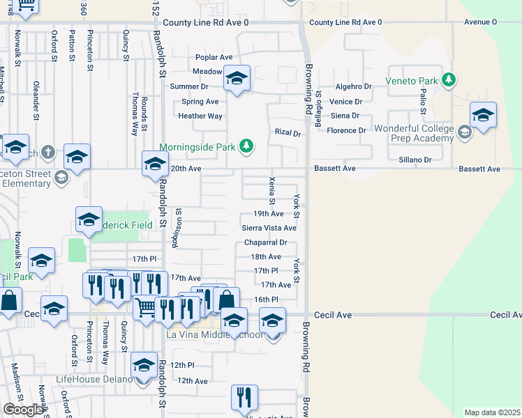 map of restaurants, bars, coffee shops, grocery stores, and more near 2133 19th Avenue in Delano