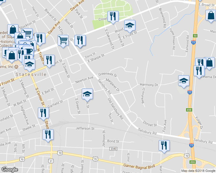 map of restaurants, bars, coffee shops, grocery stores, and more near 521 Salisbury Road in Statesville