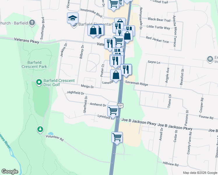map of restaurants, bars, coffee shops, grocery stores, and more near 126 Meigs Dr in Murfreesboro