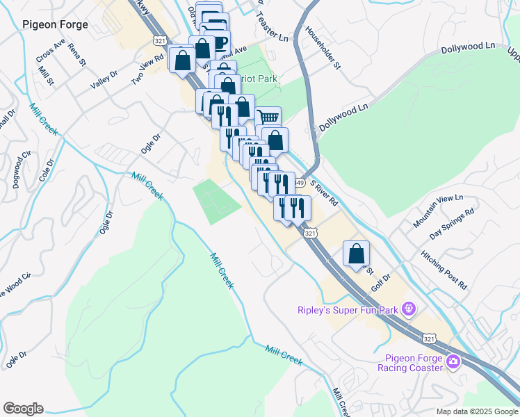 map of restaurants, bars, coffee shops, grocery stores, and more near 3712 Parkway in Pigeon Forge