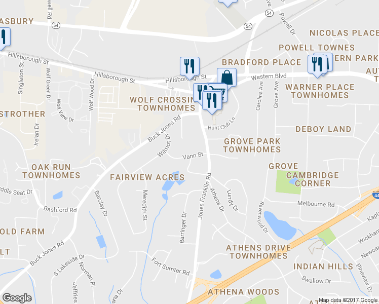 map of restaurants, bars, coffee shops, grocery stores, and more near 5228 Vann Street in Raleigh
