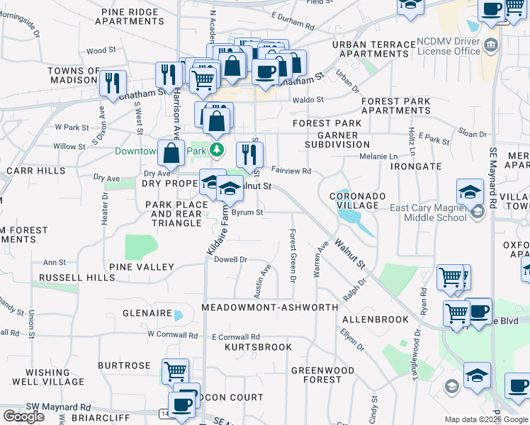 map of restaurants, bars, coffee shops, grocery stores, and more near 120 Byrum Street in Cary