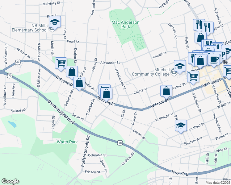 map of restaurants, bars, coffee shops, grocery stores, and more near 938 Cherry Street in Statesville